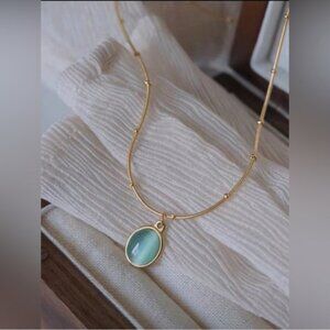 Gold Plated Stainless Steel Bohemian Turquoise Oval Pendant Necklace
